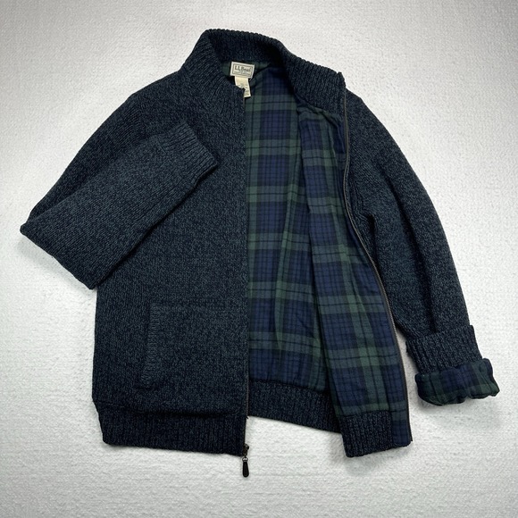 LL Bean Mens Lambs Wool Full Zip Sweater Jacket Blue Green Plaid Lined Pockets - Picture 4 of 9